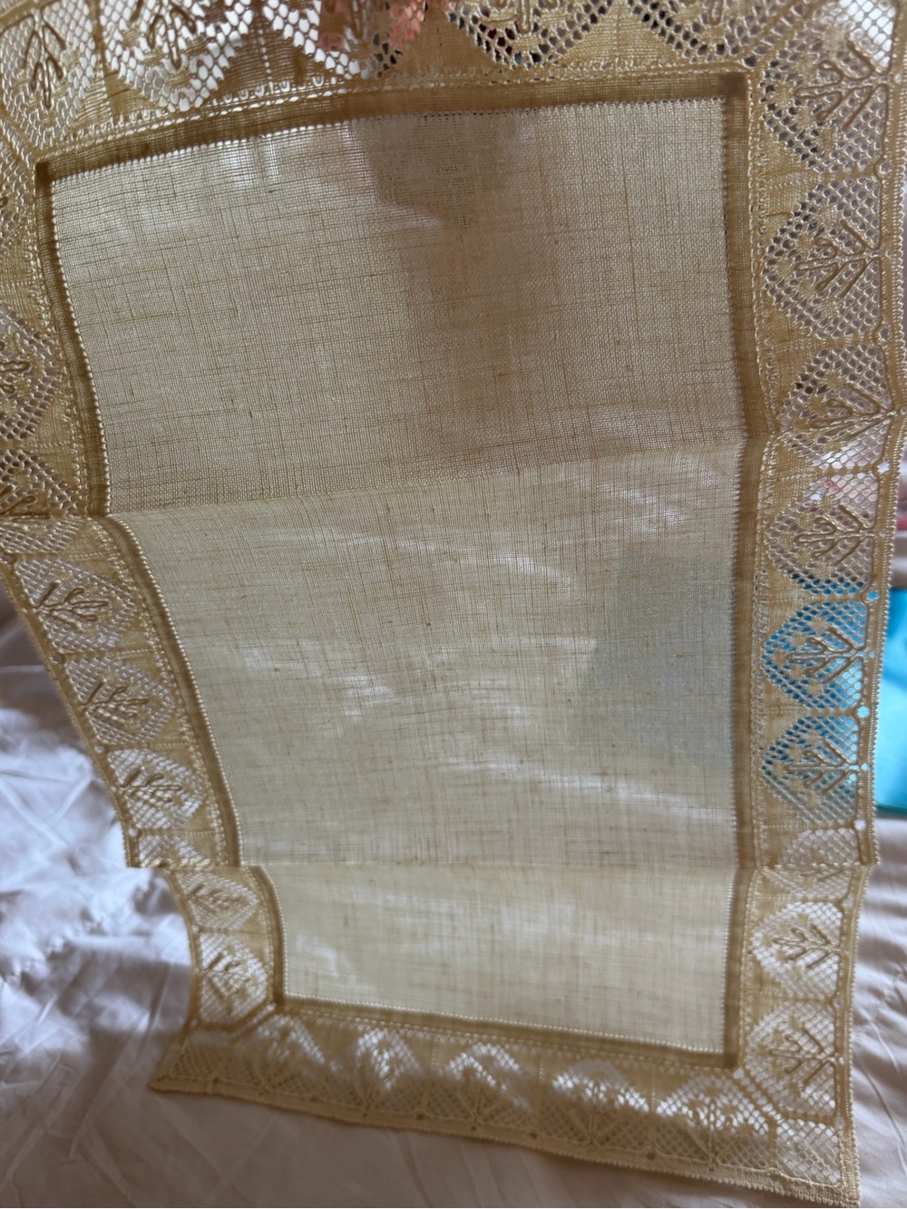 Antique Handmade Eyelet 100% Flax Linen Rectangle Tabletop Cover Hardanger